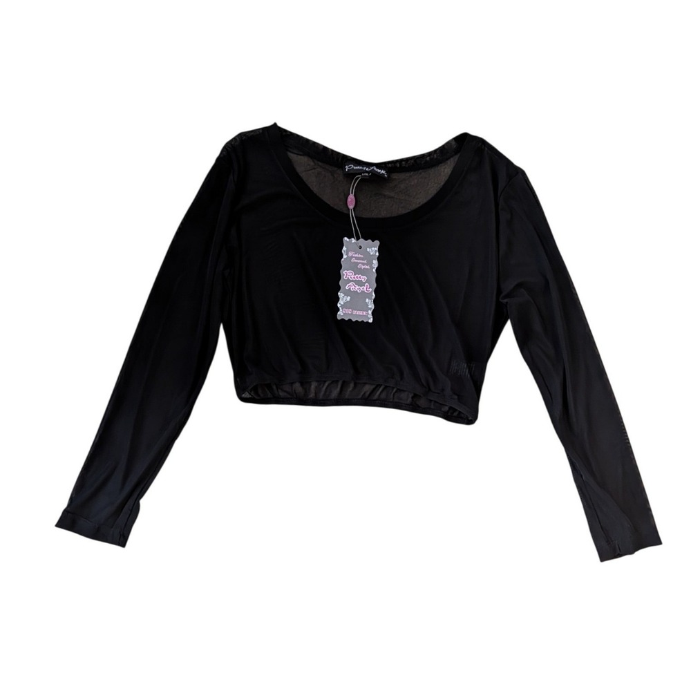 Pretty Angel NWT Women's Black Sheer Mesh Long Sleeve Crop Top Lagenlook- L/XL